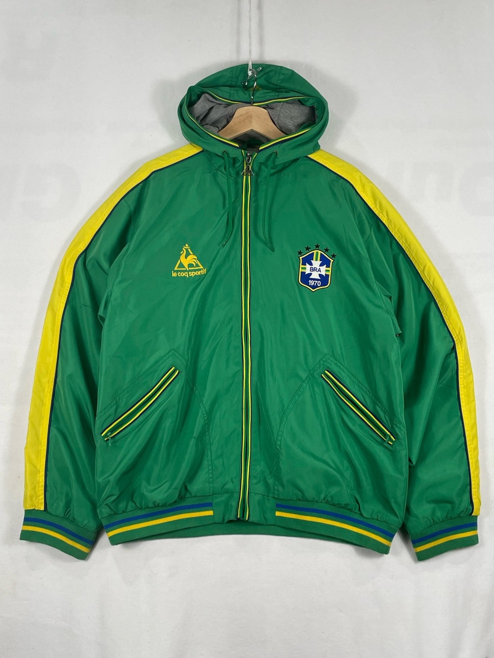 LE COQ SPORTIF Brazil Soccer Full Zip Hooded Light jacket Windbreaker Sz L